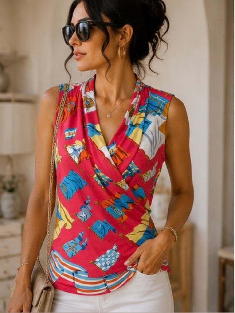 J. McLaughlin Pink Printed Sleeveless Faux Wrap Top Size M